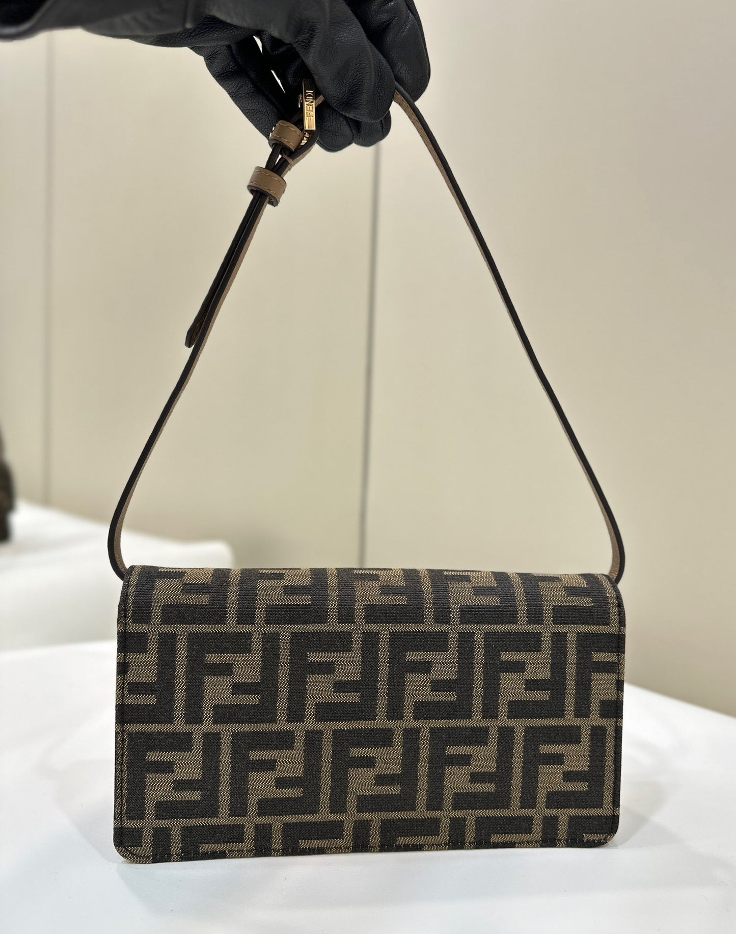 Mini Bag Wallet On Chain Baguette Brown fabric wallet #1581