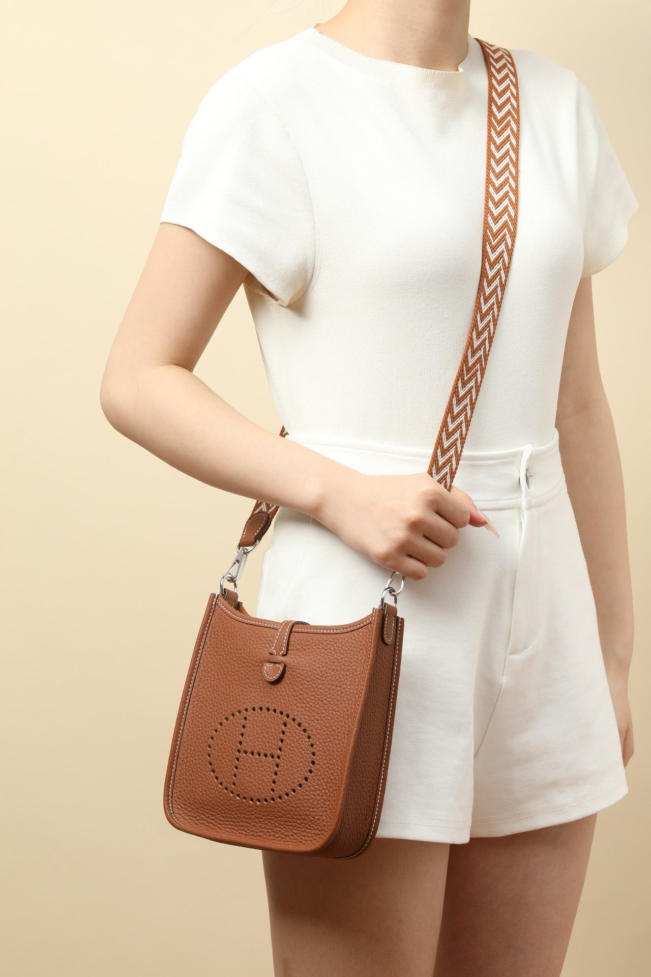 YF16 CK37 Gold Brown ,Clemence bull leather crossbody bag  , PHW #4427