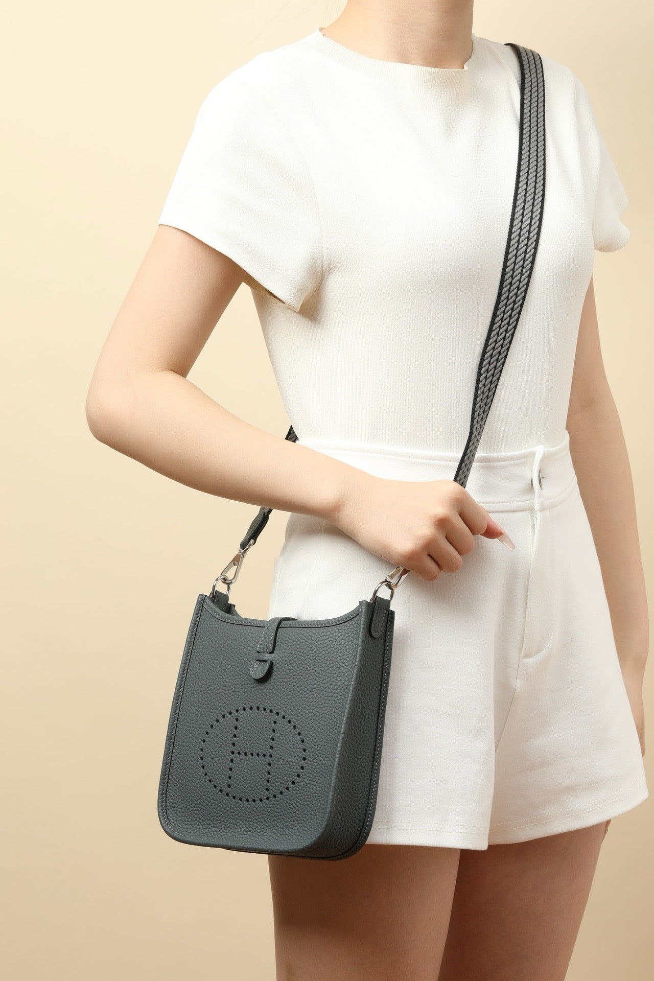 YF16 H0 Smog Grey ,Clemence bull leather crossbody bag  , PHW #4423