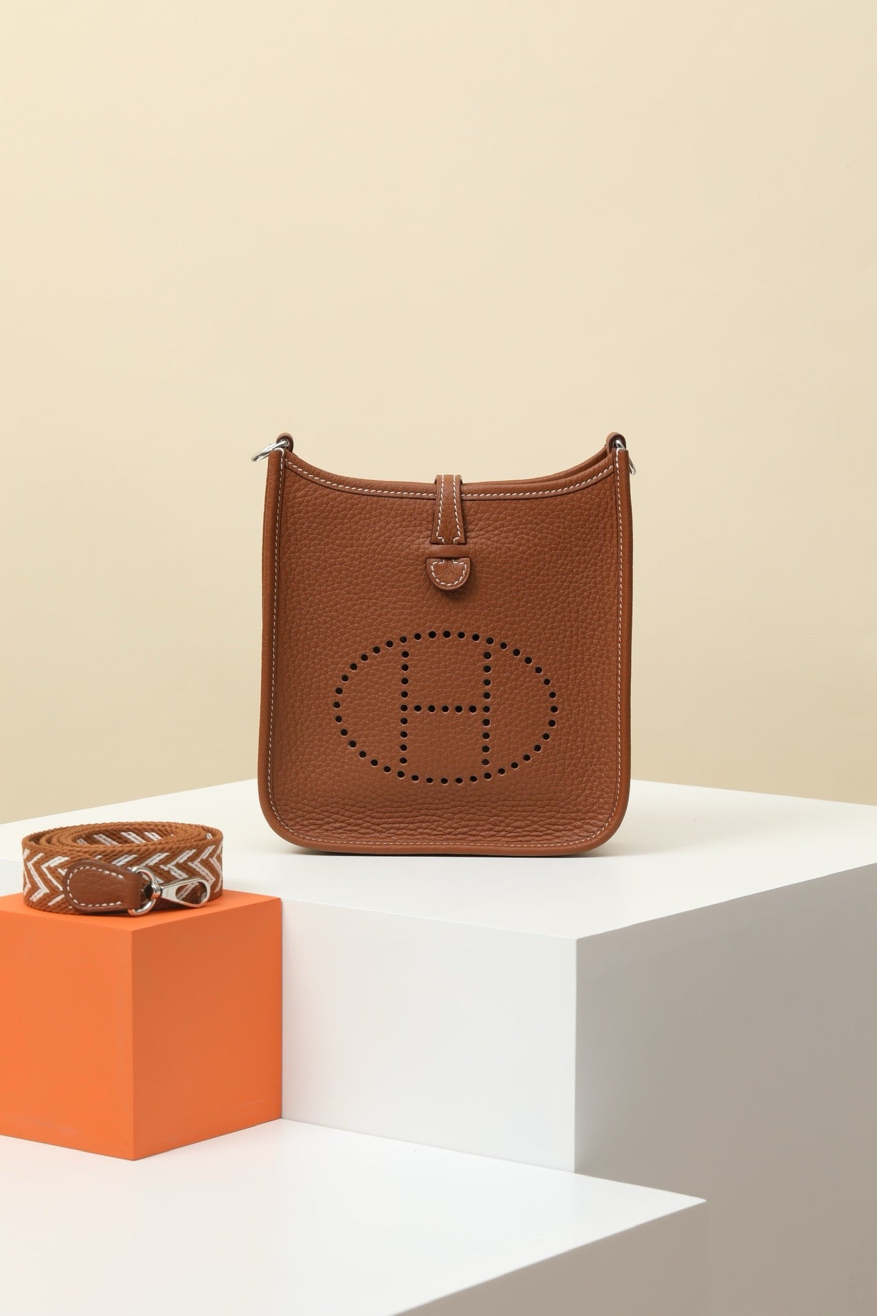 YF16 CK37 Gold Brown ,Clemence bull leather crossbody bag  , PHW #4427