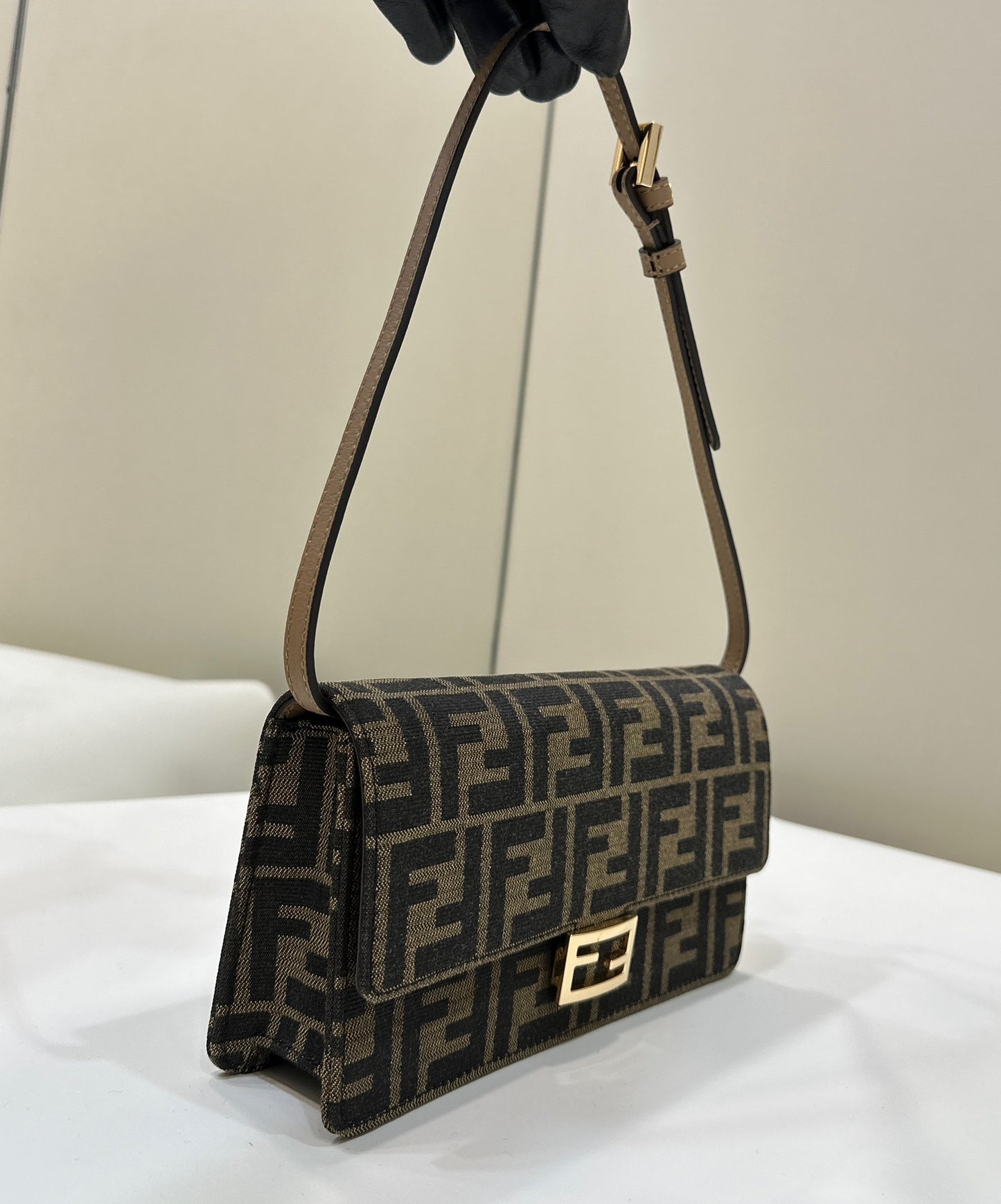 Mini Bag Wallet On Chain Baguette Brown fabric wallet #1581