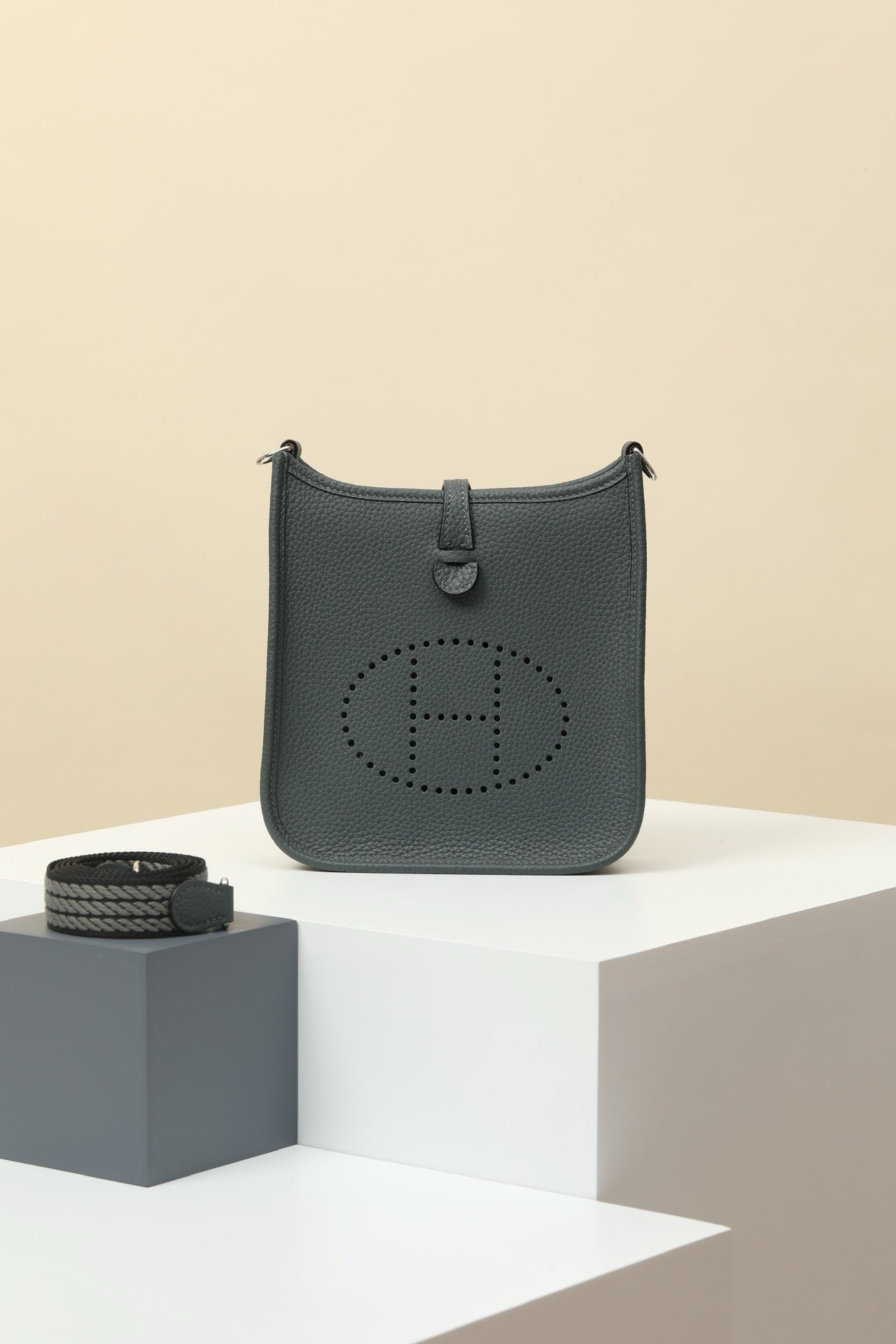 YF16 H0 Smog Grey ,Clemence bull leather crossbody bag  , PHW #4423