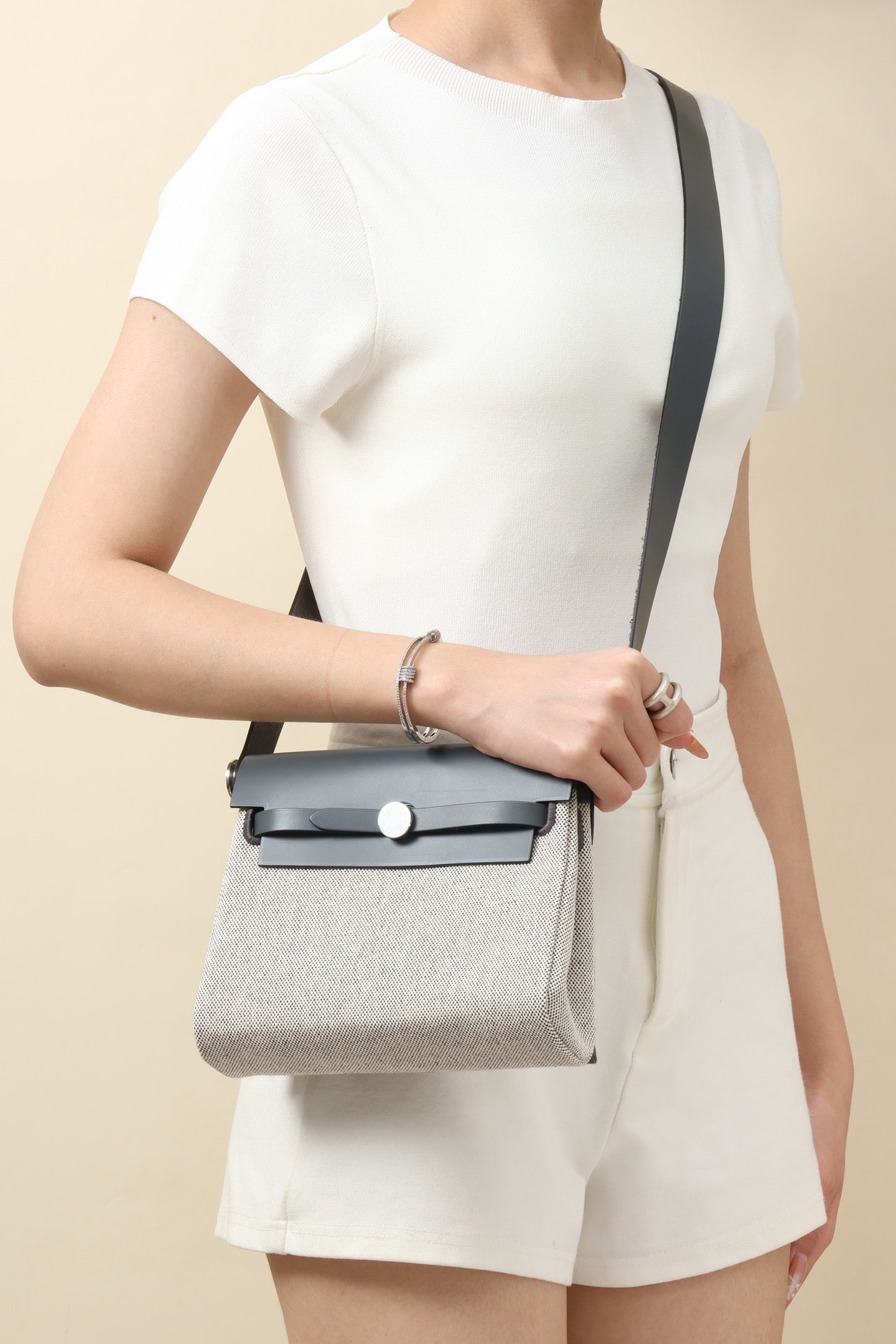 HB20 85 Gris Ardoise Canvas and Hunter Leather Shoulder Bag PHW #4647