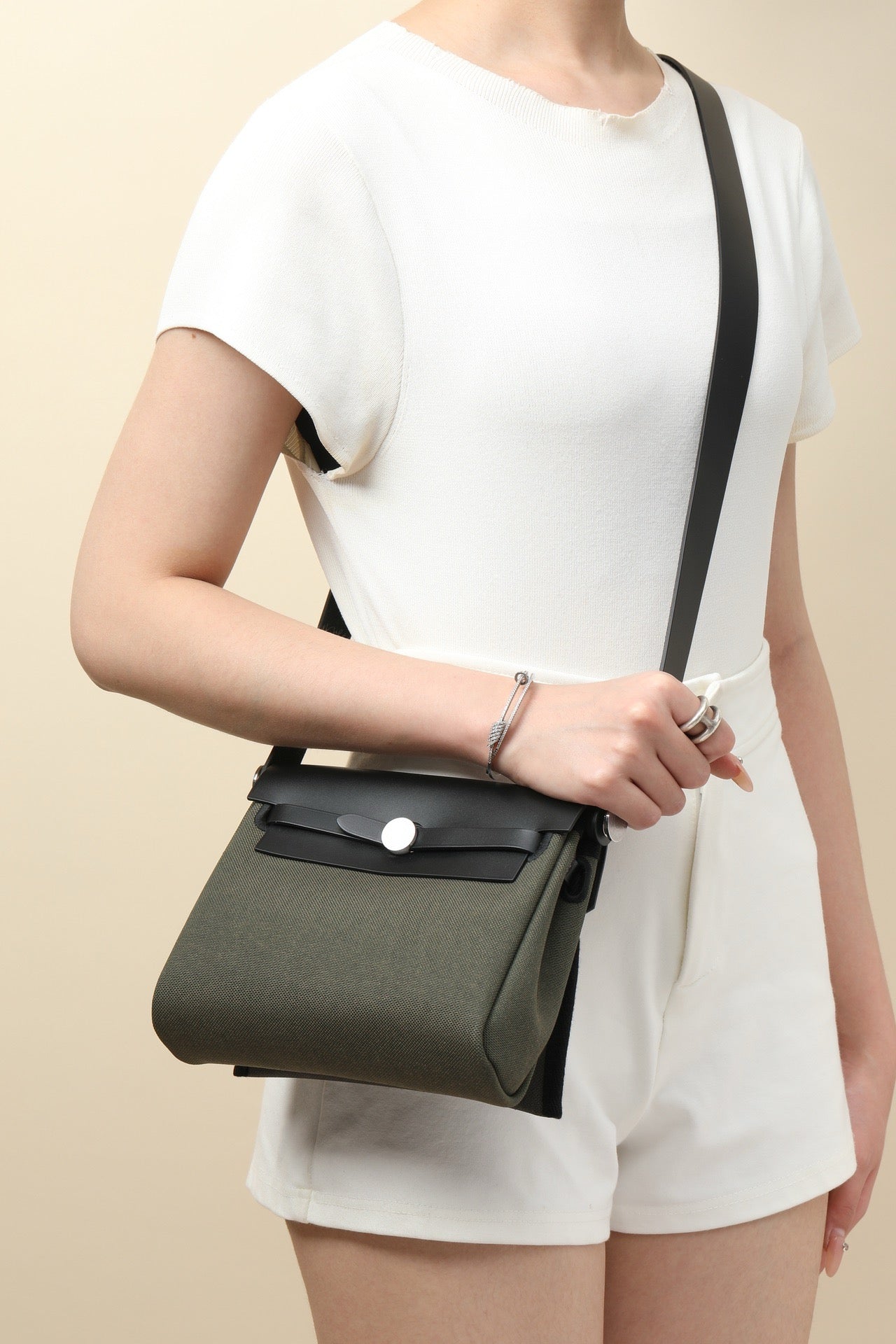 HB20 CK89 Black / Bronze Green  H Viking Canvas and Hunter Leather Shoulder Bag PHW #4635